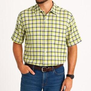 Nat Nast Luxury Linen Shirt Yellow Blue Check Short Sleeve Button Up Men's Large